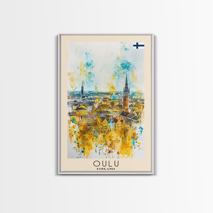 Oulu Finland Travel Poster Framed Canvas Print, Watercolor Painting, Scenic Wall Art, Home Decor, Finnish Landscape, Artistic Decor