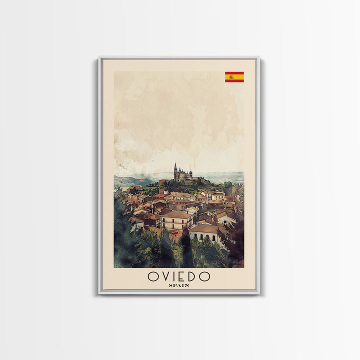 Oviedo Spain Travel Poster Framed Canvas Print, Watercolor Painting, Scenic Wall Art, Home Decor, Spanish Cityscape, Classic Art