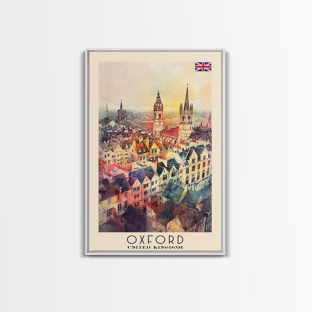 Oxford United Kingdom Travel Poster Framed Canvas Print, Watercolor Painting, Historic Wall Art, Home Decor, British Architecture, Artistic Decor