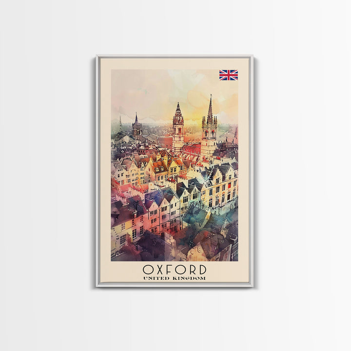 Oxford United Kingdom Travel Poster Framed Canvas Print, Watercolor Painting, Historic Wall Art, Home Decor, British Architecture, Artistic Decor