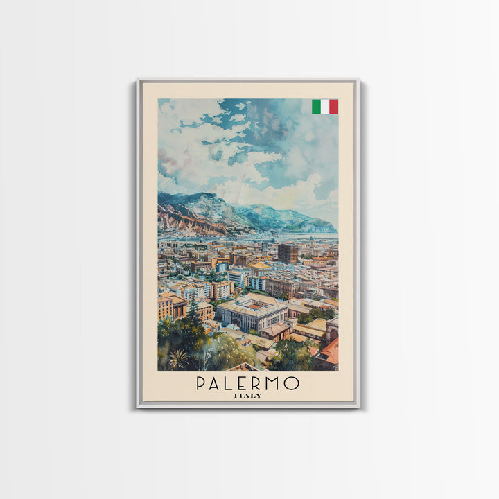 Palermo Italy Travel Poster Framed Canvas Print, Watercolor Painting, Coastal Wall Art, Home Decor, Italian Seaside, Vibrant Art