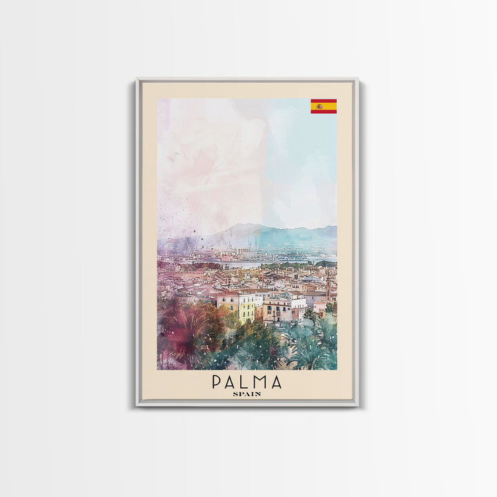 Palma Spain Travel Poster Framed Canvas Print, Watercolor Painting, Scenic Wall Art, Home Decor, Spanish Landscape, Minimalist Art