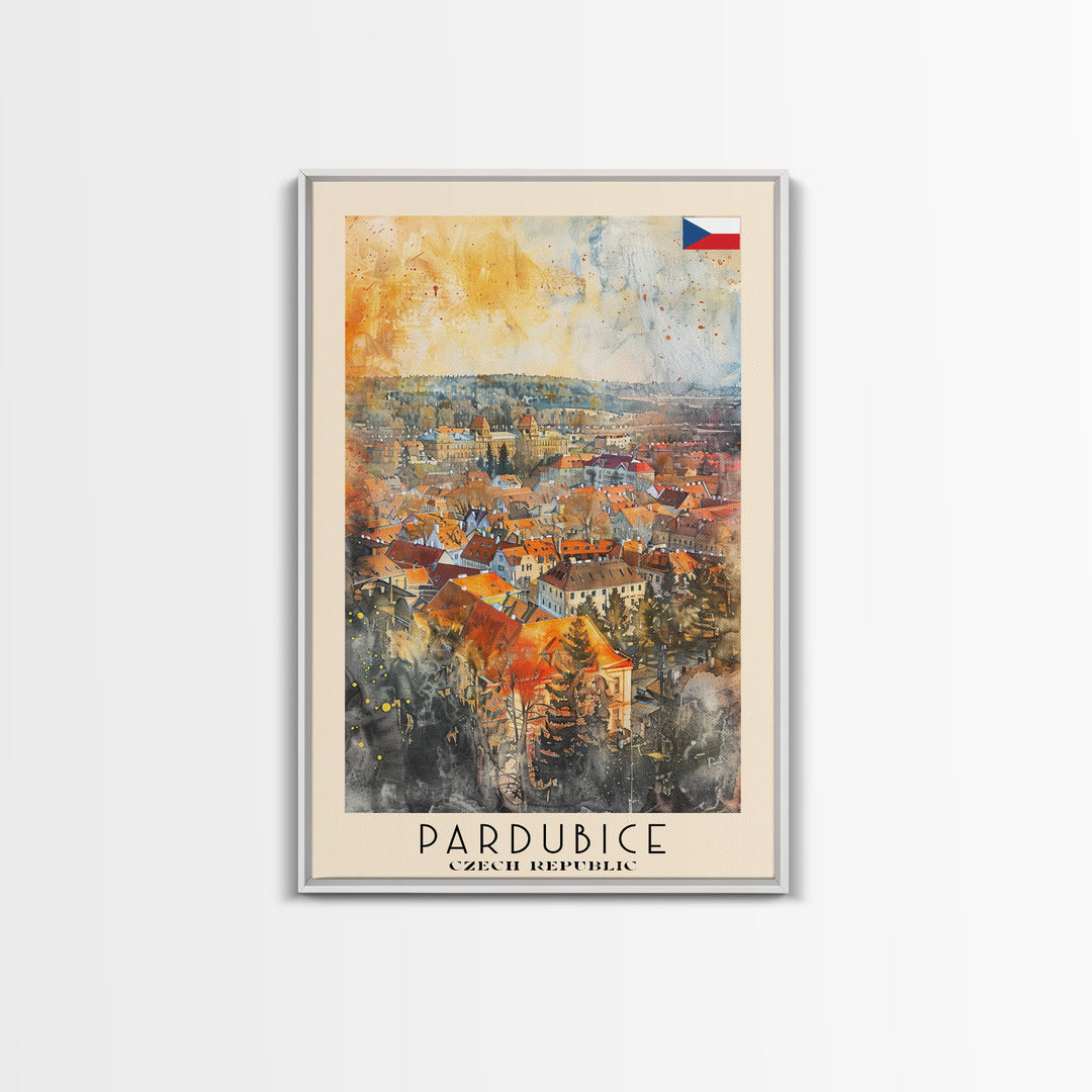 Pardubice Czech Travel Poster Framed Canvas Print, Watercolor Painting, Urban Wall Art, Home Decor, Czech Architecture, Vintage Style
