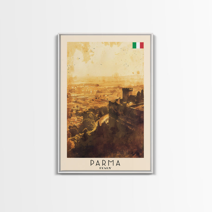 Parma Italy Travel Poster Framed Canvas Print, Watercolor Painting, Scenic Wall Art, Home Decor, Italian Architecture, Modern Art