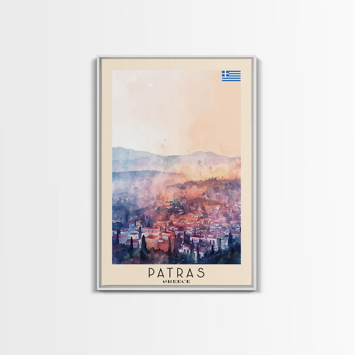 Patras Greece Travel Poster Framed Canvas Print, Watercolor Painting, Scenic Wall Art, Home Decor, Greek Seaside, Vibrant Art