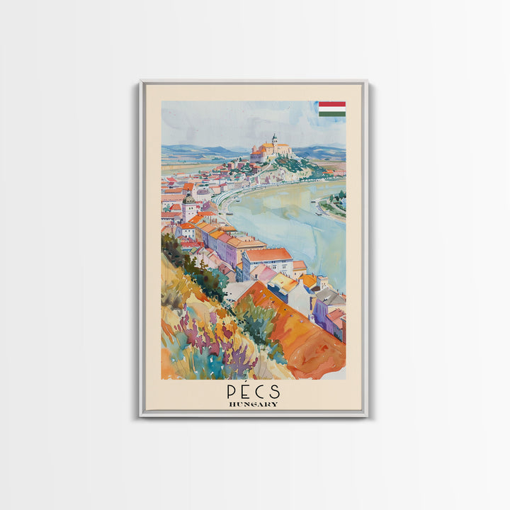 Pecs Hungary Travel Poster Framed Canvas Print, Watercolor Painting, Scenic Wall Art, Home Decor, Hungarian Cityscape, Minimalist Art