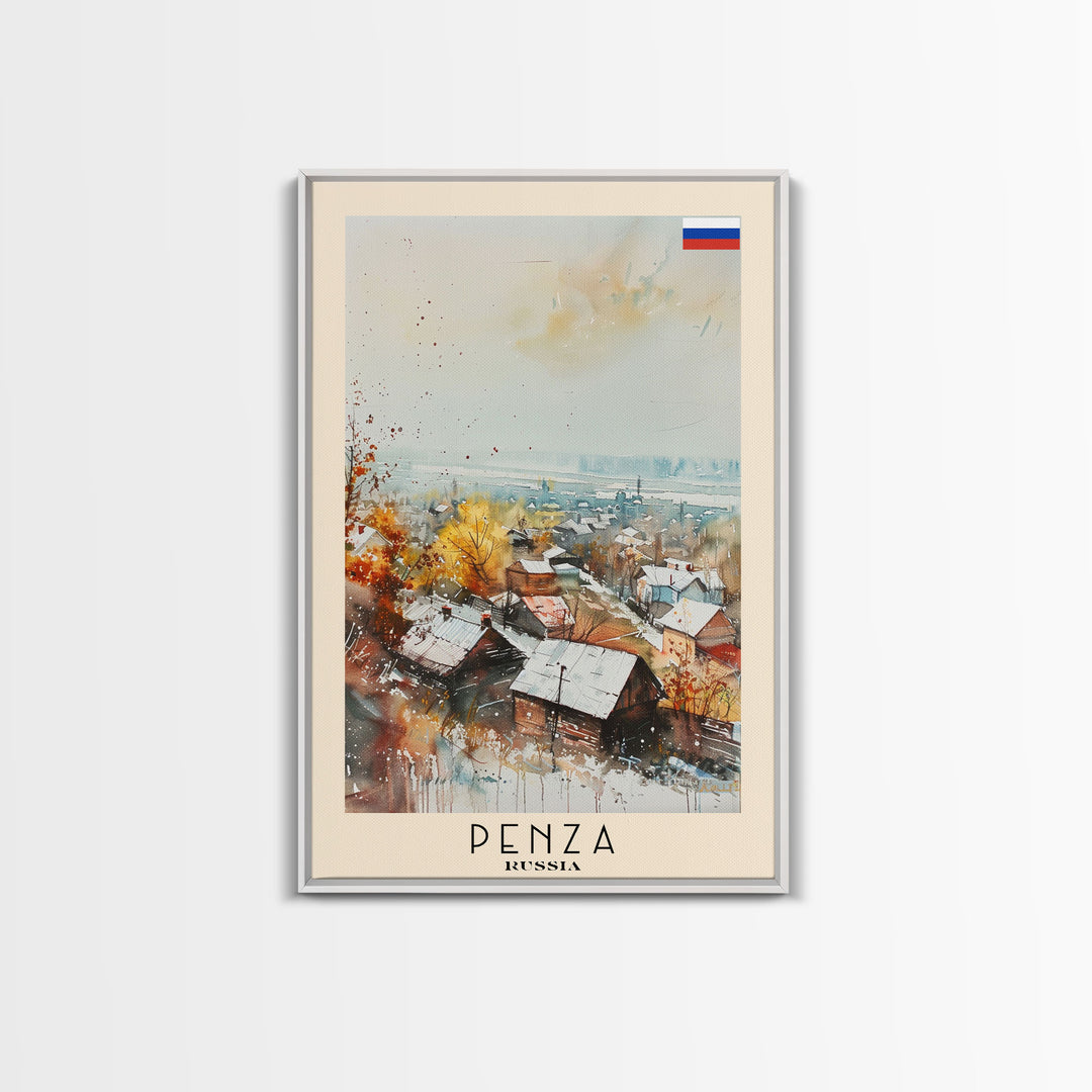 Penza Russia Travel Poster Framed Canvas Print, Watercolor Painting, Urban Wall Art, Home Decor, Russian Cityscape, Contemporary Art