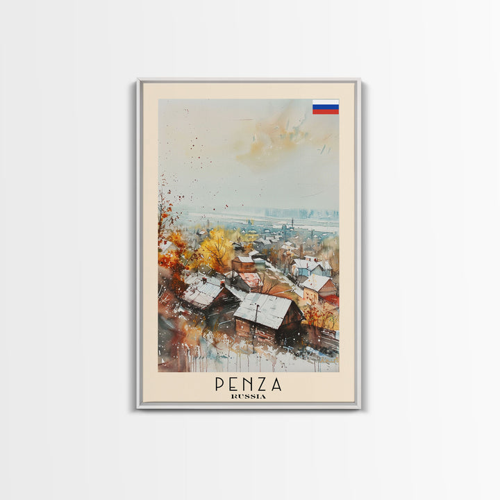 Penza Russia Travel Poster Framed Canvas Print, Watercolor Painting, Urban Wall Art, Home Decor, Russian Cityscape, Contemporary Art