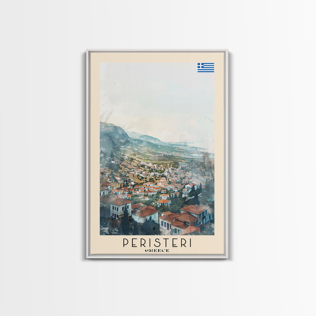 Peristeri Greece Travel Poster Framed Canvas Print, Watercolor Painting, Scenic Wall Art, Home Decor, Greek Landscape, Classic Art