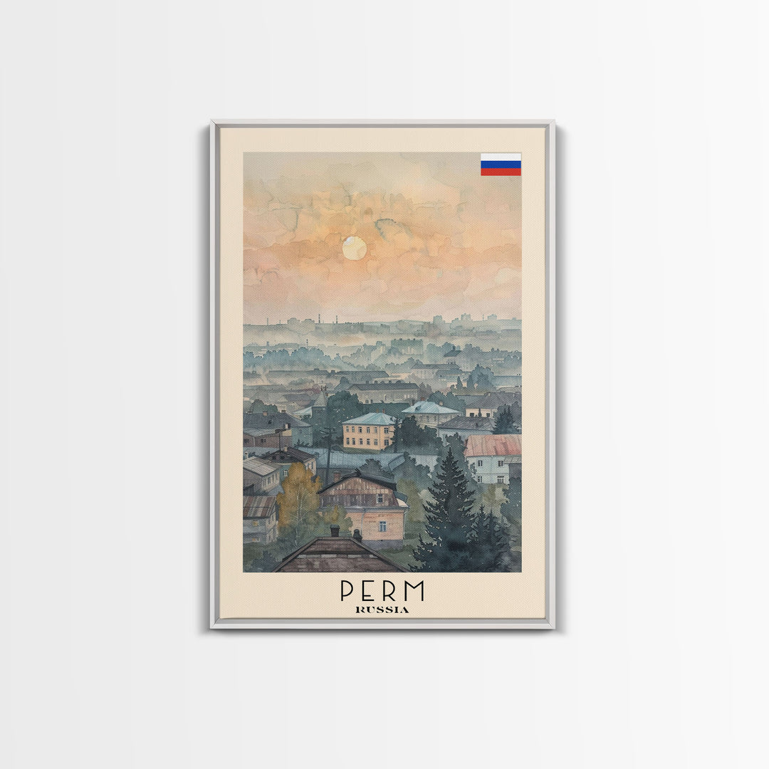 Perm Russia Travel Poster Framed Canvas Print, Watercolor Painting, Scenic Wall Art, Home Decor, Russian Landscape, Urban Art