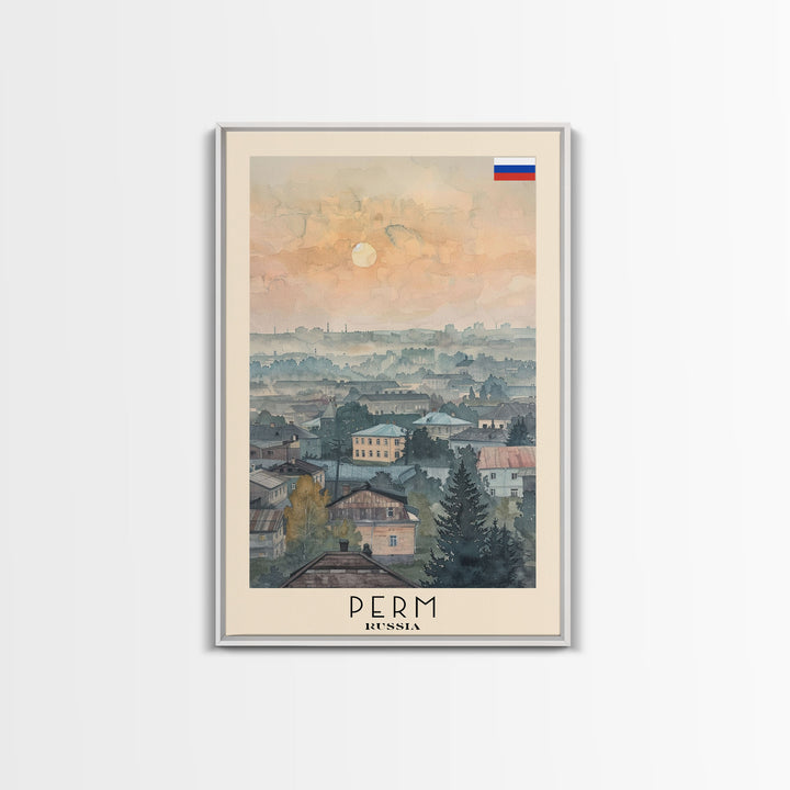 Perm Russia Travel Poster Framed Canvas Print, Watercolor Painting, Scenic Wall Art, Home Decor, Russian Landscape, Urban Art