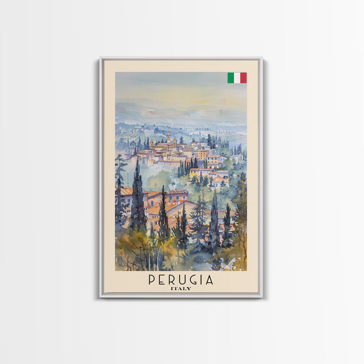 Perugia Italy Travel Poster Framed Canvas Print, Watercolor Painting, Scenic Wall Art, Home Decor, Italian Cityscape, Classic Art