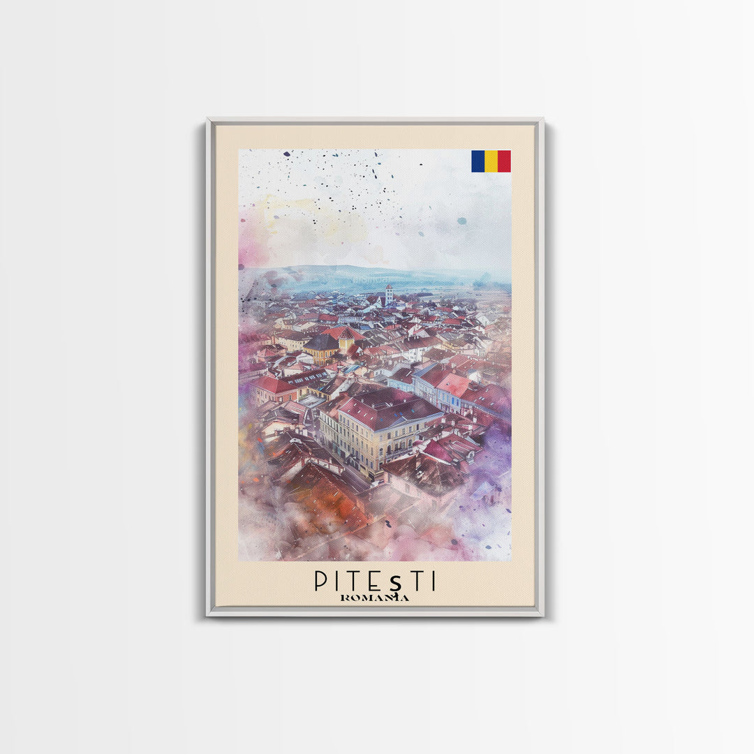Piteti Romania Travel Poster Framed Canvas Print, Watercolor Painting, Scenic Wall Art, Home Decor, Romanian Cityscape, Classic Art