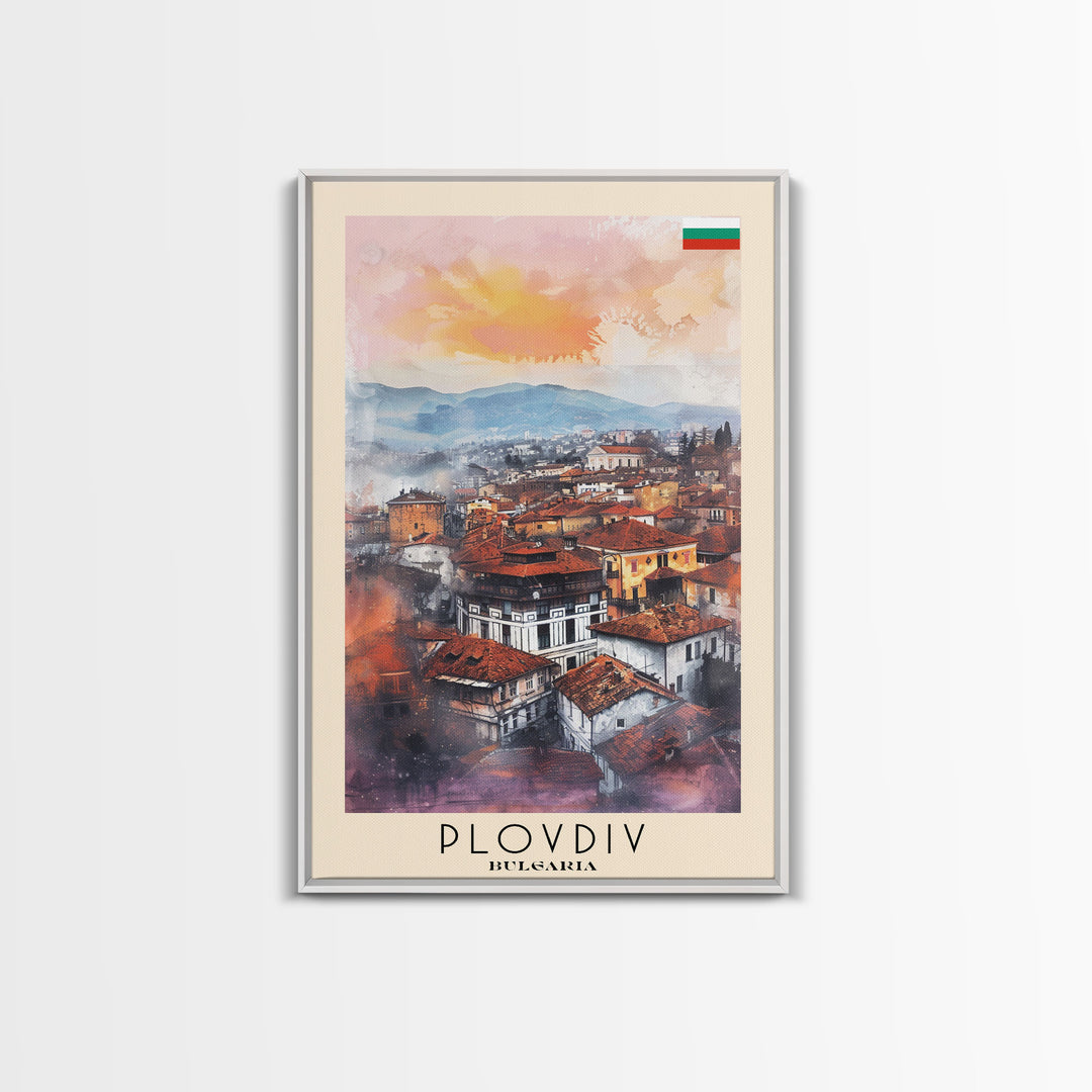 Plovdiv Bulgaria Travel Poster Framed Canvas Print, Watercolor Painting, Historic Wall Art, Home Decor, Bulgarian Cityscape, Classic Art