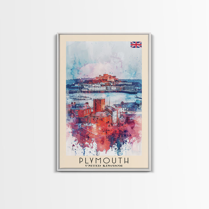 Plymouth United Kingdom Travel Poster Framed Canvas Print, Watercolor Painting, Coastal Wall Art, Home Decor, British Seaside, Modern Decor