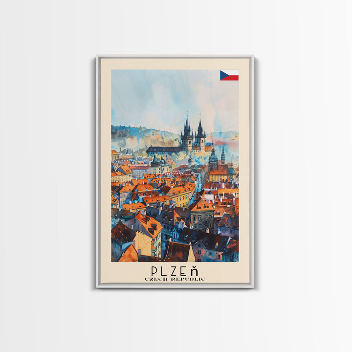 Plzen Czech Republic Travel Poster Framed Canvas Print, Watercolor Painting, Scenic Wall Art, Home Decor, Czech Cityscape, Modern Decor