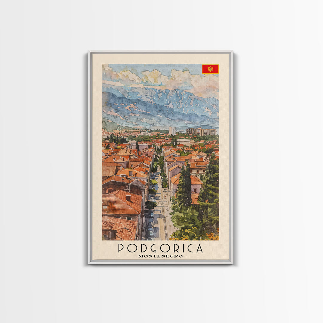 Podgorica Montenegro Travel Poster Framed Canvas Print, Watercolor Painting, Scenic Wall Art, Home Decor, Montenegrin Landscape, Artistic Decor