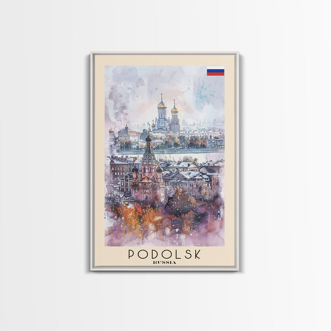 Podolsk Russia Travel Poster Framed Canvas Print, Watercolor Painting, Urban Wall Art, Home Decor, Russian Cityscape, Contemporary Art