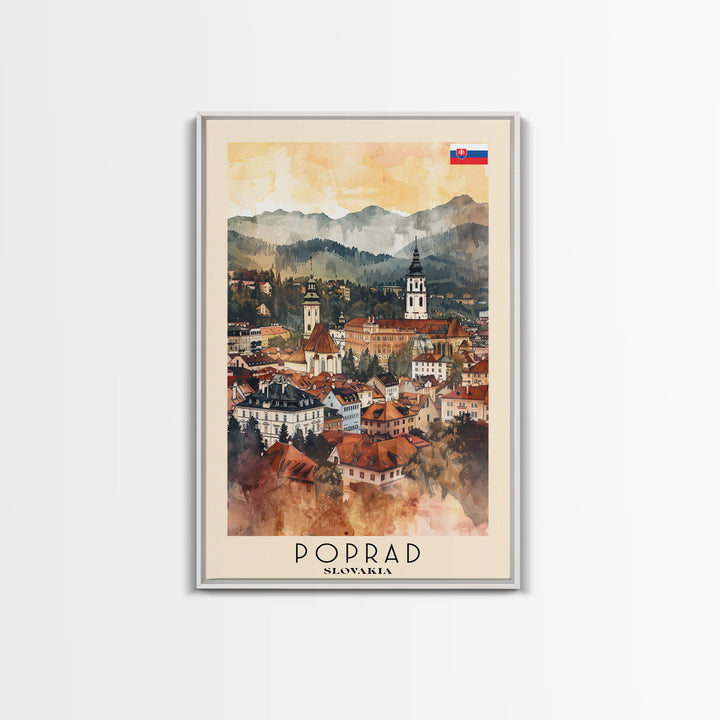 Poprad Slovakia Travel Poster Framed Canvas Print, Watercolor Painting, Scenic Wall Art, Home Decor, Slovakian Landscape, Classic Art