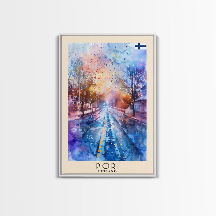 Pori Finland Travel Poster Framed Canvas Print, Watercolor Painting, Scenic Wall Art, Home Decor, Finnish Seaside, Minimalist Art