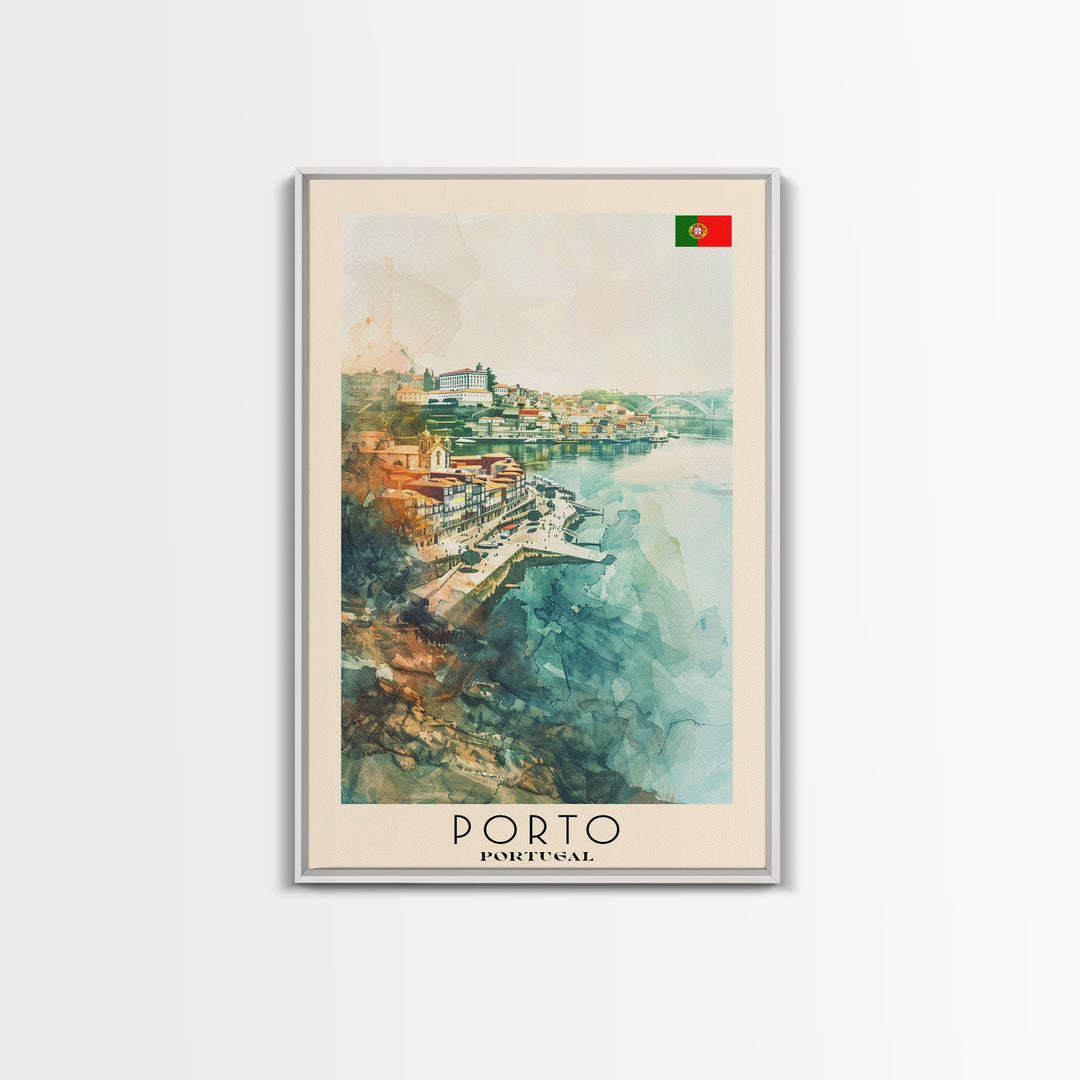 Porto Portugal Travel Poster Framed Canvas Print, Watercolor Painting, Coastal Wall Art, Home Decor, Portuguese Seaside, Vibrant Art