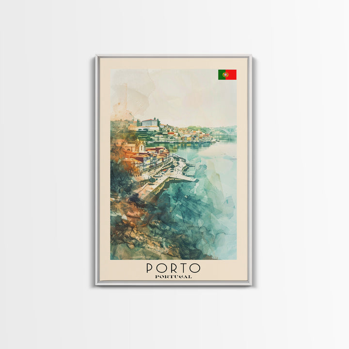 Porto Portugal Travel Poster Framed Canvas Print, Watercolor Painting, Coastal Wall Art, Home Decor, Portuguese Seaside, Vibrant Art