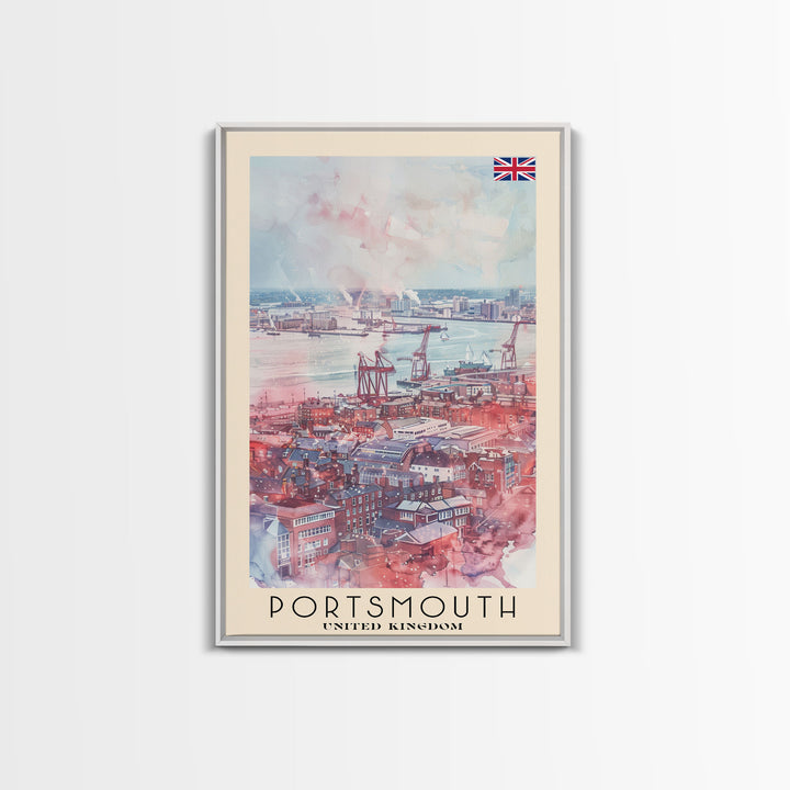 Portsmouth United Kingdom Travel Poster Framed Canvas Print, Watercolor Painting, Coastal Wall Art, Home Decor, British Seaside, Modern Art