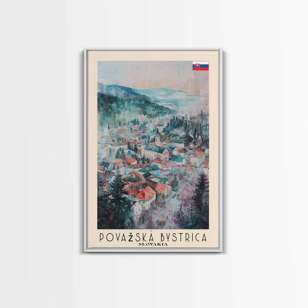 Povazska Bystrica Slovakia Travel Poster Framed Canvas Print, Watercolor Painting, Scenic Wall Art, Home Decor, Slovakian Landscape, Modern Decor