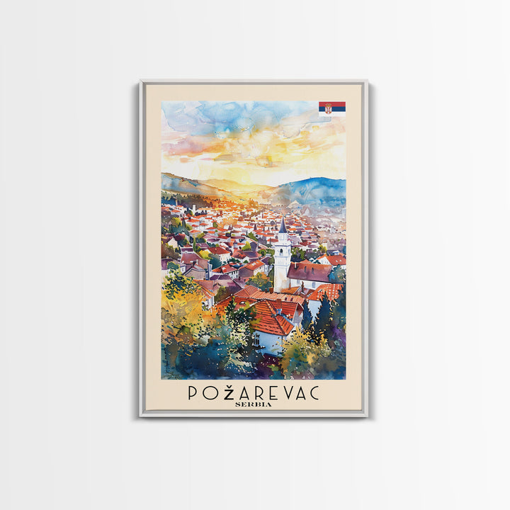 Pozega Serbia Travel Poster Framed Canvas Print, Watercolor Painting, Scenic Wall Art, Home Decor, Serbian Landscape, Classic Art