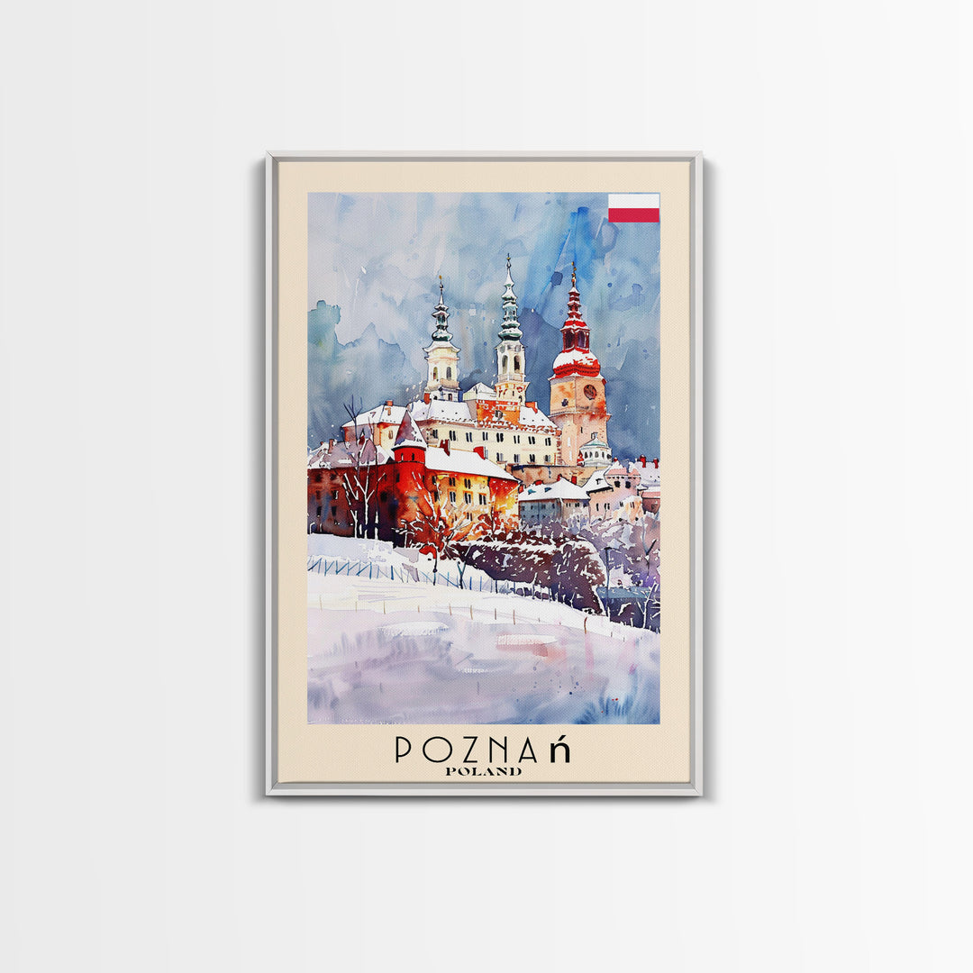 Poznan Poland Travel Poster Framed Canvas Print, Watercolor Painting, Scenic Wall Art, Home Decor, Polish Cityscape, Modern Art