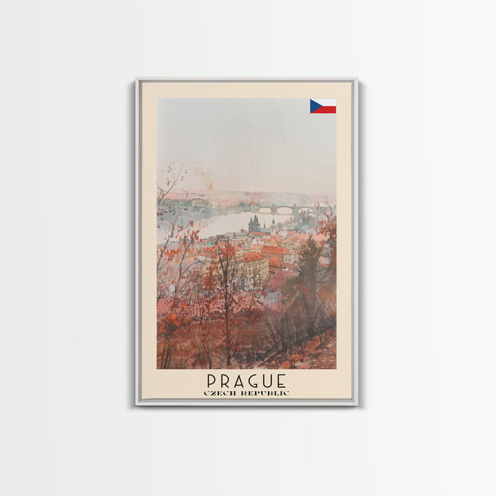 Prague Czech Republic Travel Poster Framed Canvas Print, Watercolor Painting, Historic Wall Art, Home Decor, Czech Architecture, Classic Decor