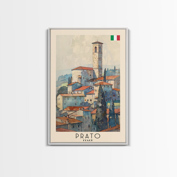Prato Italy Travel Poster Framed Canvas Print, Watercolor Painting, Scenic Wall Art, Home Decor, Italian Landscape, Vibrant Art