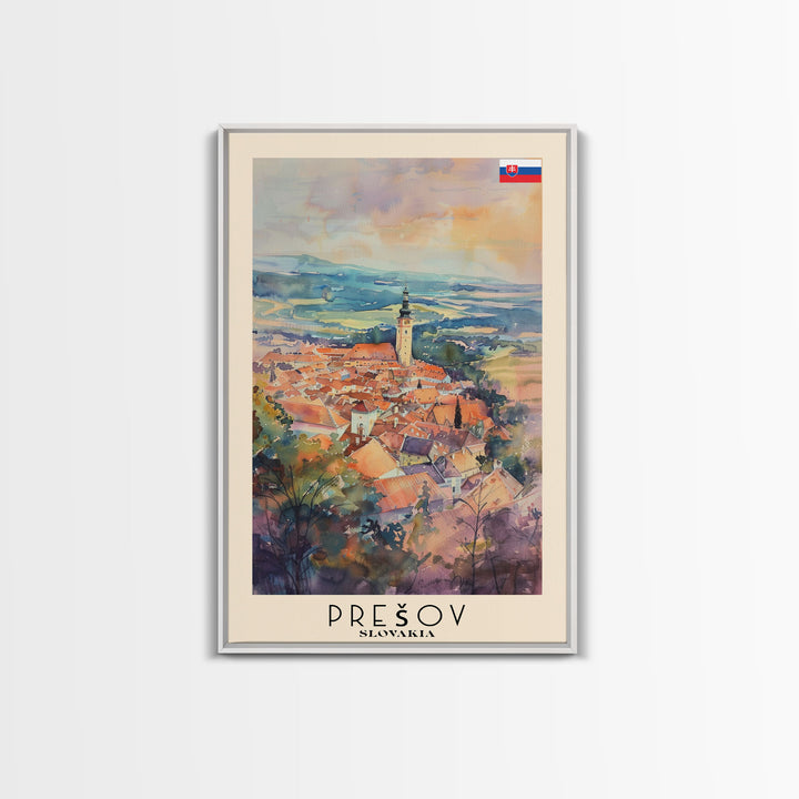 Presov Slovakia Travel Poster Framed Canvas Print, Watercolor Painting, Scenic Wall Art, Home Decor, Slovakian Cityscape, Artistic Decor