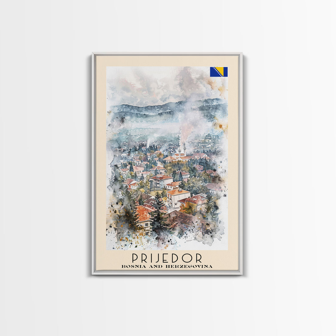 Prijedor Bosnia and Herzegovina Travel Poster Framed Canvas Print, Watercolor Painting, Scenic Wall Art, Home Decor, Bosnian Cityscape, Classic Art