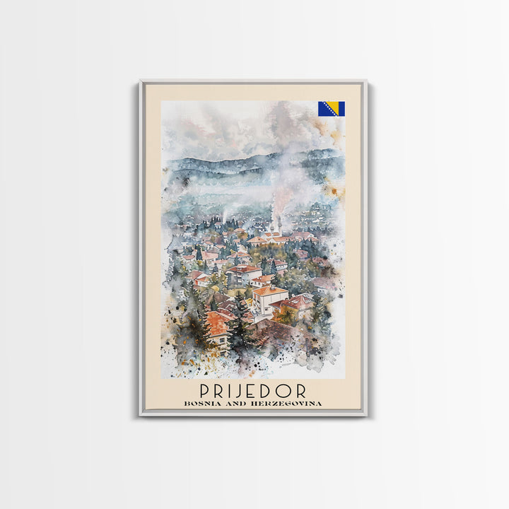 Prijedor Bosnia and Herzegovina Travel Poster Framed Canvas Print, Watercolor Painting, Scenic Wall Art, Home Decor, Bosnian Cityscape, Classic Art