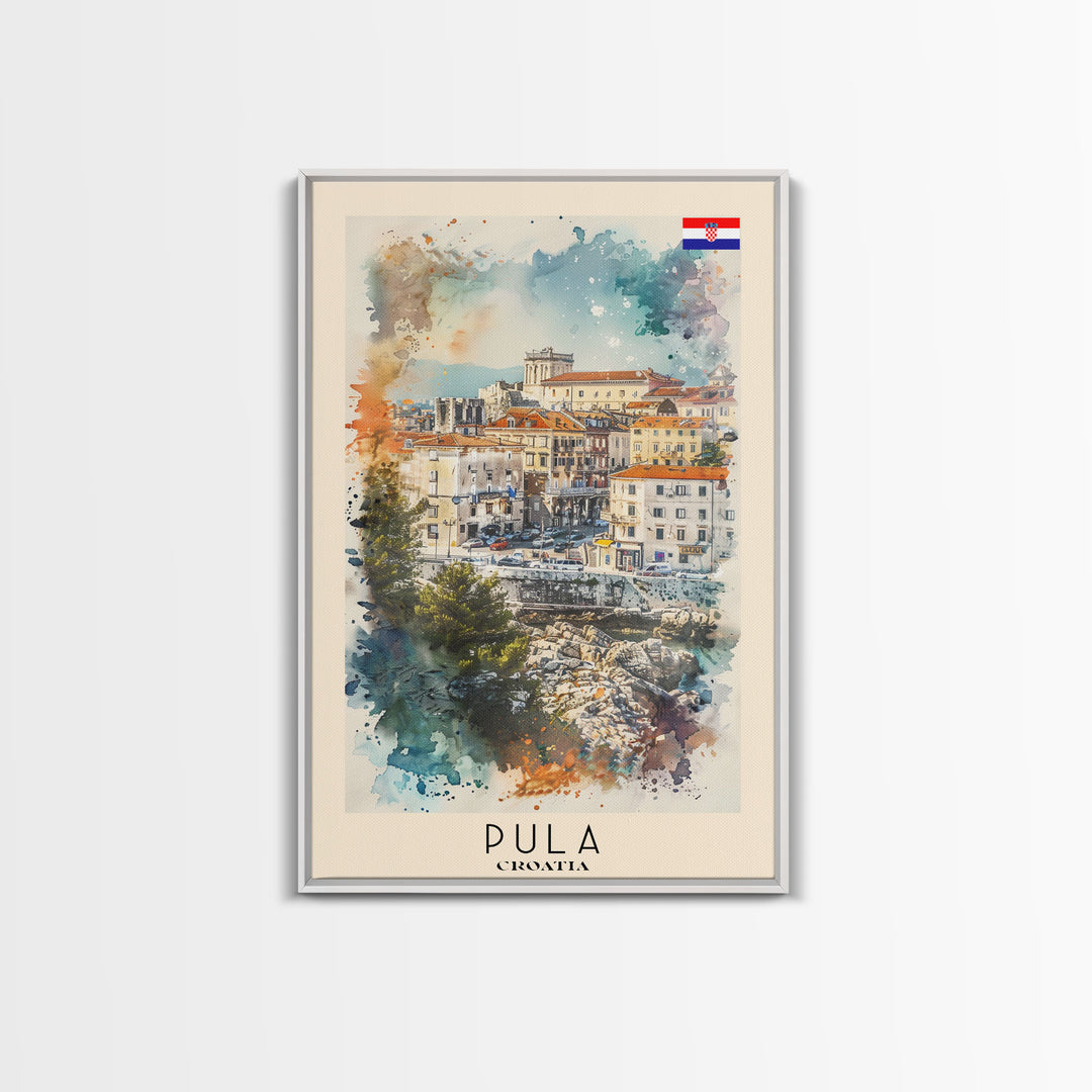 Pula Croatia Travel Poster Framed Canvas Print, Watercolor Painting, Coastal Wall Art, Home Decor, Croatian Seaside, Vibrant Decor