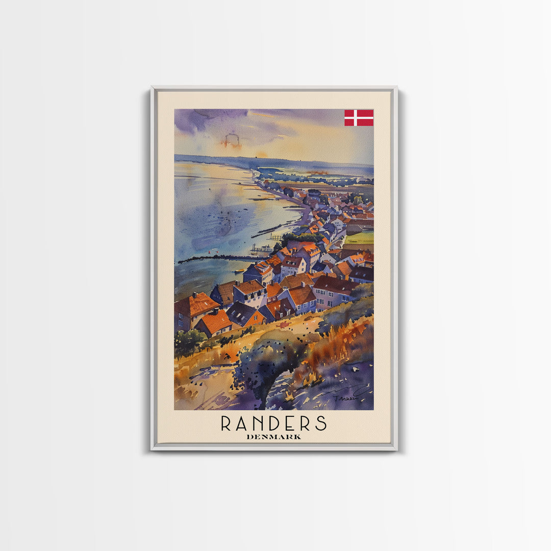 Randers Denmark Travel Poster Framed Canvas Print, Watercolor Painting, Scenic Wall Art, Home Decor, Danish Landscape, Classic Art