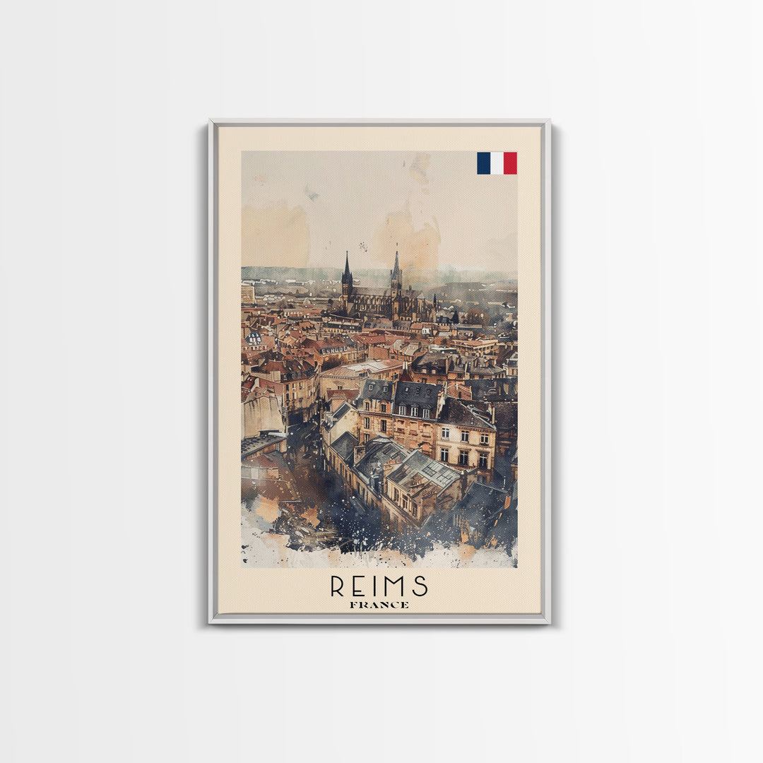 Reims France Travel Poster Framed Canvas Print, Watercolor Painting, Historic Wall Art, Home Decor, French Architecture, Classic Art
