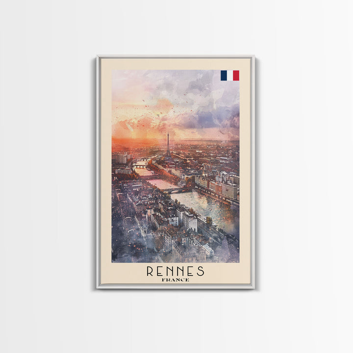 Rennes France Travel Poster Framed Canvas Print, Watercolor Painting, Scenic Wall Art, Home Decor, French Cityscape, Modern Decor