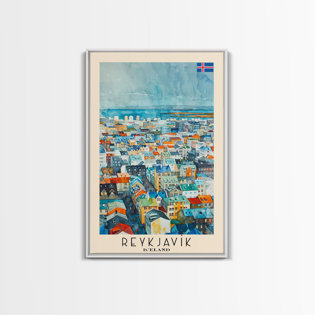 Reykjavik Iceland Travel Poster Framed Canvas Print, Watercolor Painting, Scenic Wall Art, Home Decor, Icelandic Landscape, Artistic Decor