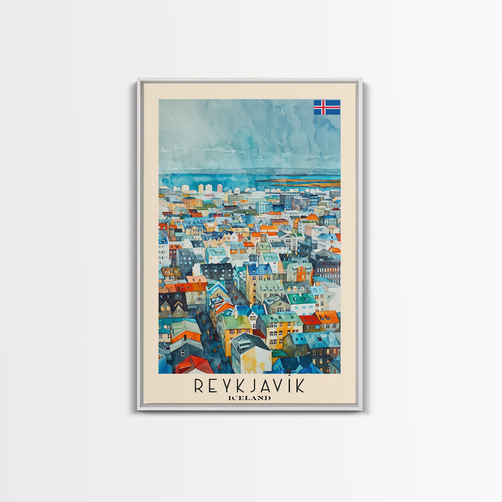 Reykjavik Iceland Travel Poster Framed Canvas Print, Watercolor Painting, Scenic Wall Art, Home Decor, Icelandic Landscape, Artistic Decor