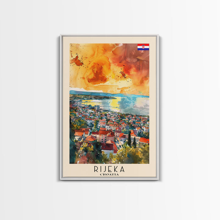 Rijeka Croatia Travel Poster Framed Canvas Print, Watercolor Painting, Coastal Wall Art, Home Decor, Croatian Seaside, Modern Art