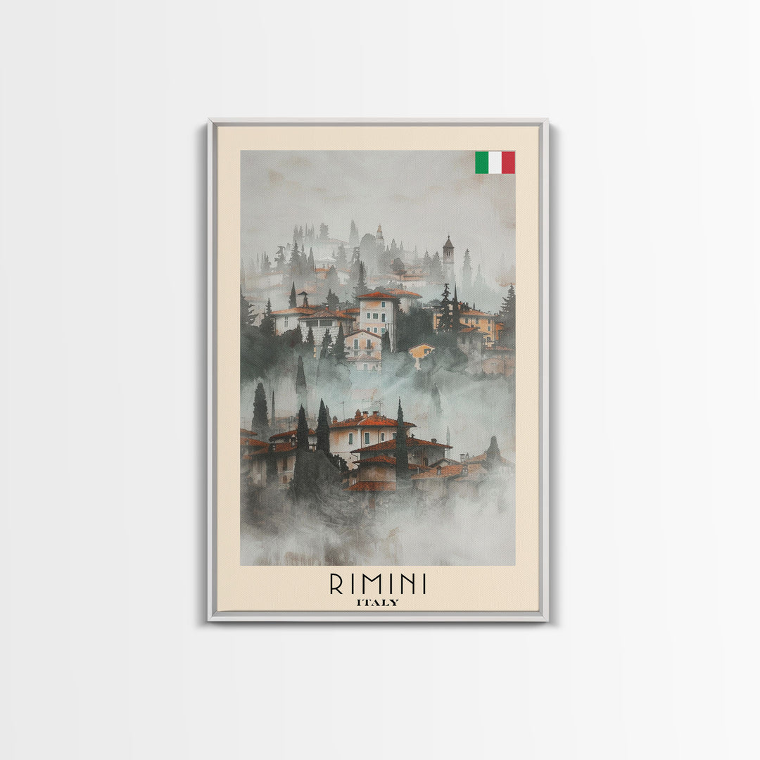 Rimini Italy Travel Poster Framed Canvas Print, Watercolor Painting, Coastal Wall Art, Home Decor, Italian Beach Scene, Vibrant Art