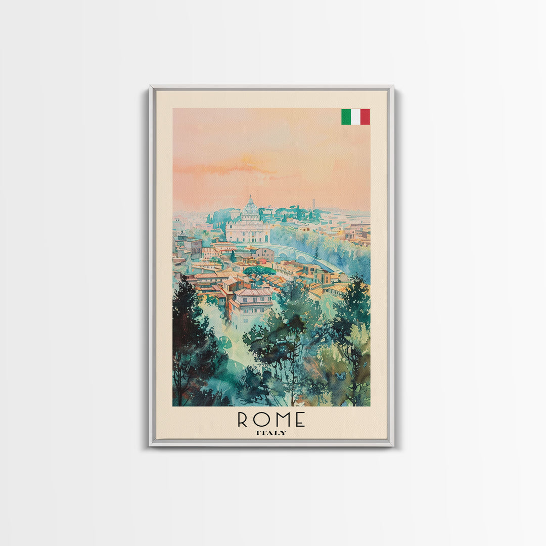 Rome Italy Travel Poster Framed Canvas Print, Watercolor Painting, Historic Wall Art, Home Decor, Italian Cityscape, Classic Art