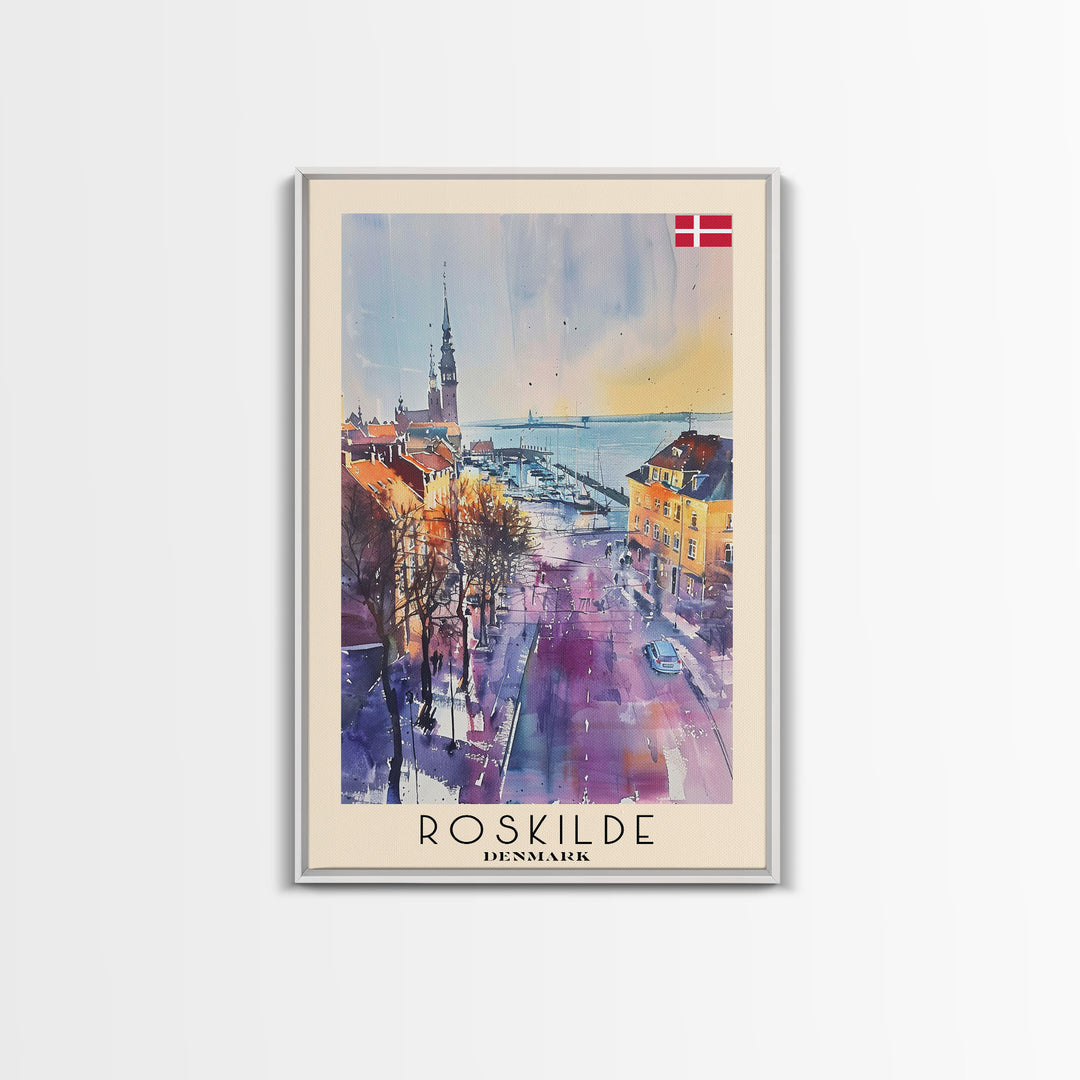 Roskilde Denmark Travel Poster Framed Canvas Print, Watercolor Painting, Scenic Wall Art, Home Decor, Danish Landscape, Modern Decor
