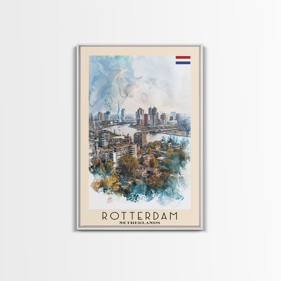 Rotterdam Netherlands Travel Poster Framed Canvas Print, Watercolor Painting, Urban Wall Art, Home Decor, Dutch Cityscape, Artistic Decor