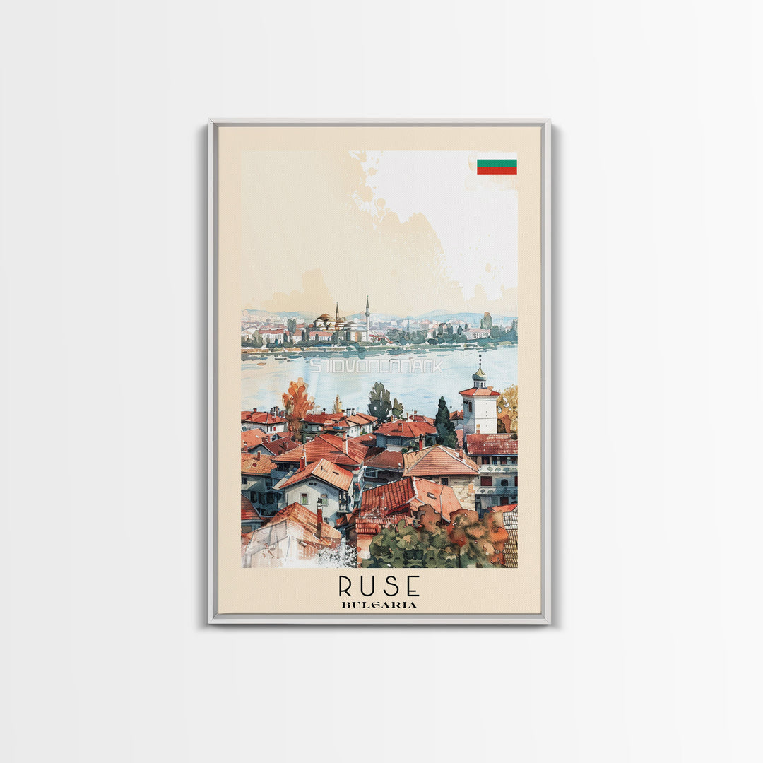 Ruse Bulgaria Travel Poster Framed Canvas Print, Watercolor Painting, Scenic Wall Art, Home Decor, Bulgarian Landscape, Classic Art