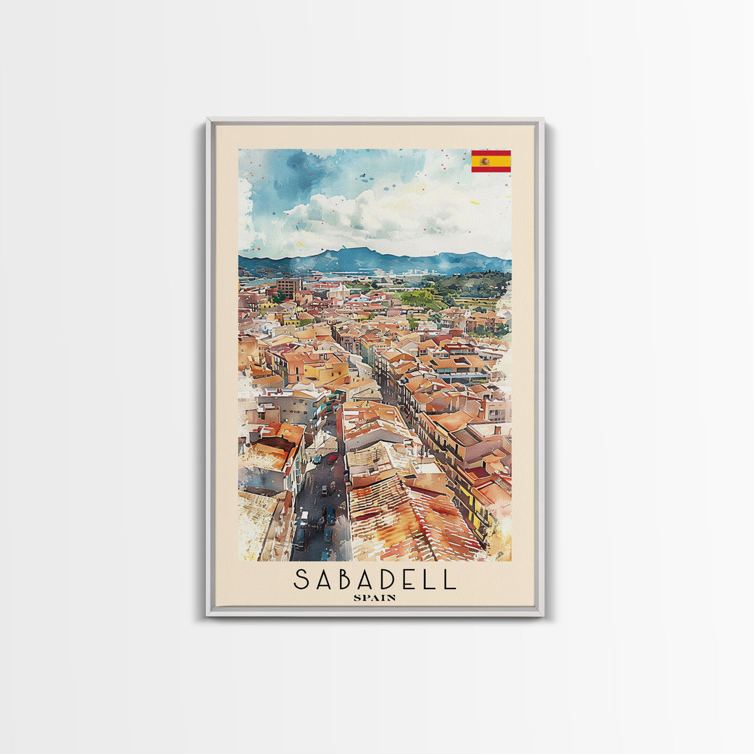 Sabadell Spain Travel Poster Framed Canvas Print, Watercolor Painting, Scenic Wall Art, Home Decor, Spanish Landscape, Artistic Art