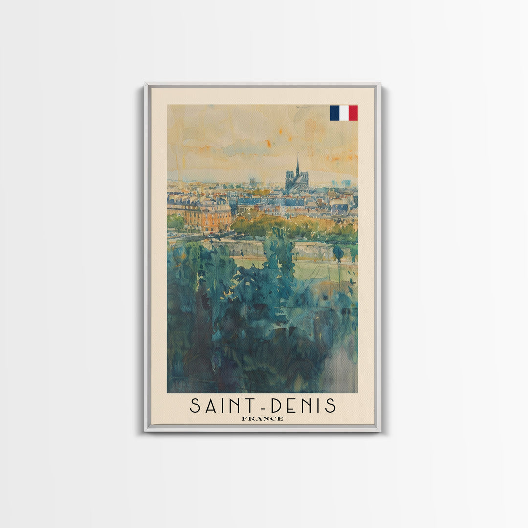 Saint Denis France Travel Poster Framed Canvas Print, Watercolor Painting, Historic Wall Art, Home Decor, French Cityscape, Vibrant Art