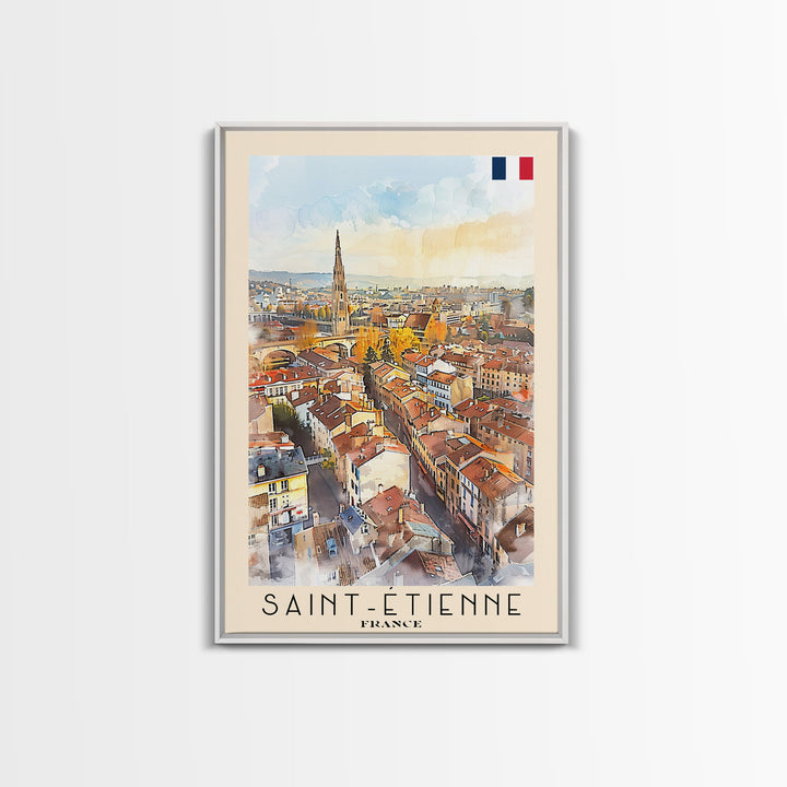 Saint Etienne France Travel Poster Framed Canvas Print, Watercolor Painting, Scenic Wall Art, Home Decor, French Cityscape, Classic Art